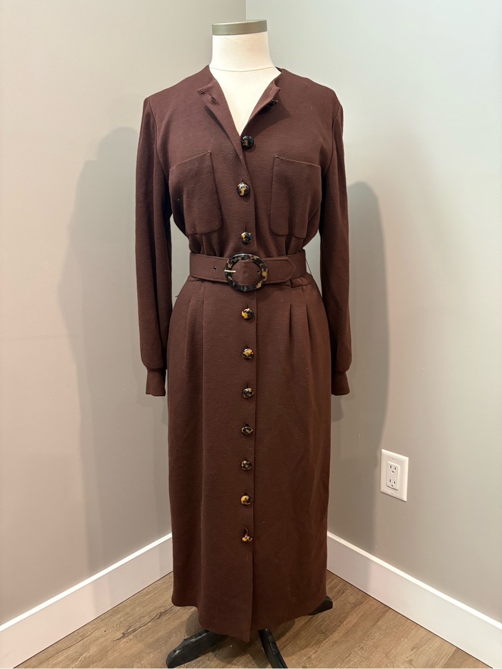 Vintage wool Chocolate Brown Long-Sleeve Button Front Midi Dress with Pockets